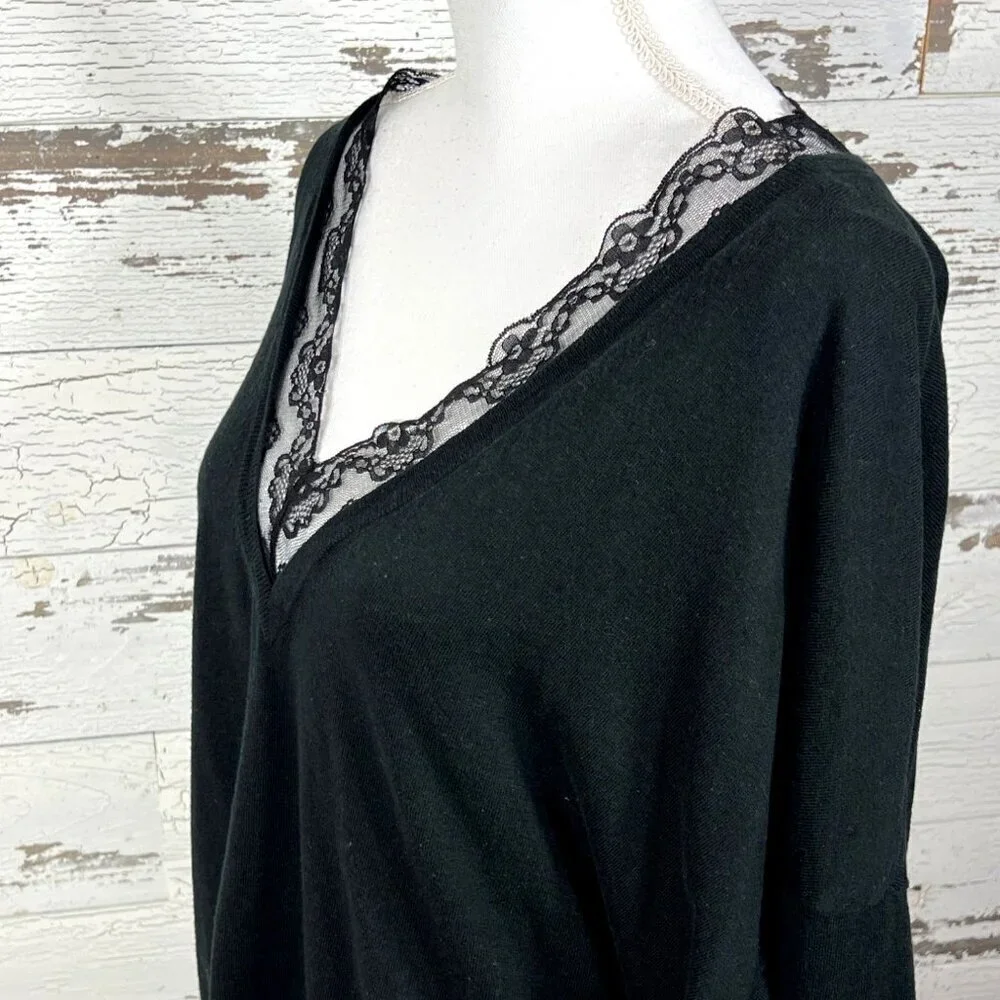 CABI Union Lace Trimmed Sweater 3/4 Sleeves Black Sz M #5632 EUC